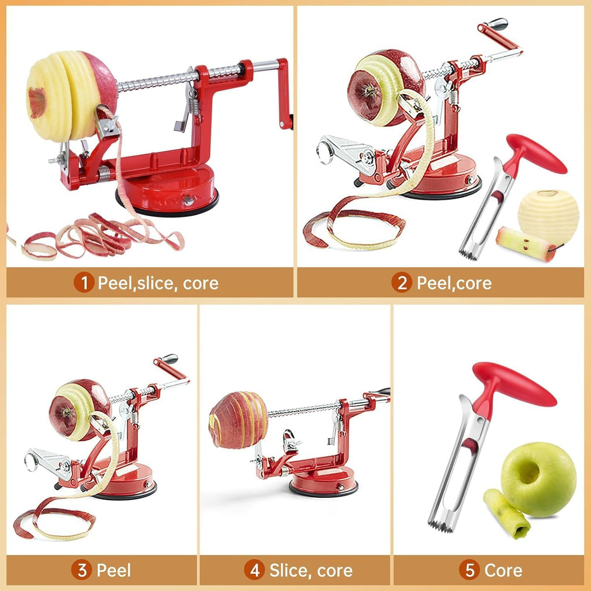 Apple Peeler Corer, 5 In 1 Apple Peeler Slicer Corer with Stainless Steel Blades and Powerful Suction Base for Apples and Potatoes(Teal)