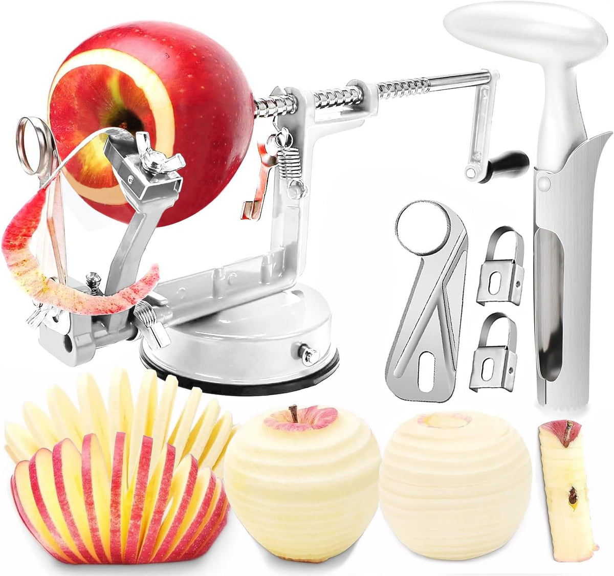 Apple Peeler Corer, 5 In 1 Apple Peeler Slicer Corer with Stainless Steel Blades and Powerful Suction Base for Apples and Potatoes(Teal)