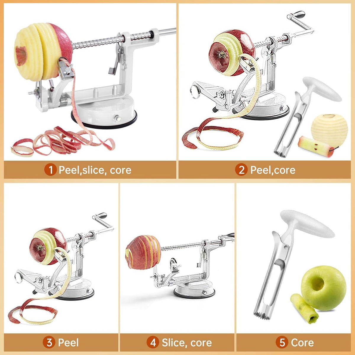 Apple Peeler Corer, 5 In 1 Apple Peeler Slicer Corer with Stainless Steel Blades and Powerful Suction Base for Apples and Potatoes(Teal)
