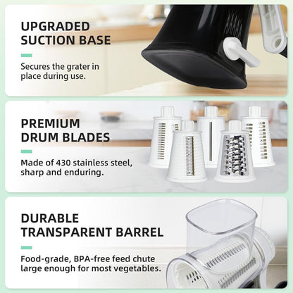 5 in 1 Rotary Cheese Grater Hand Crank with Reinforced Suction | Multifunctional Cheese Shredder, Coarse/Fine Shredding, Slicing & Chopping, Perfect for Veggies & Nuts, Easy to Use, Black