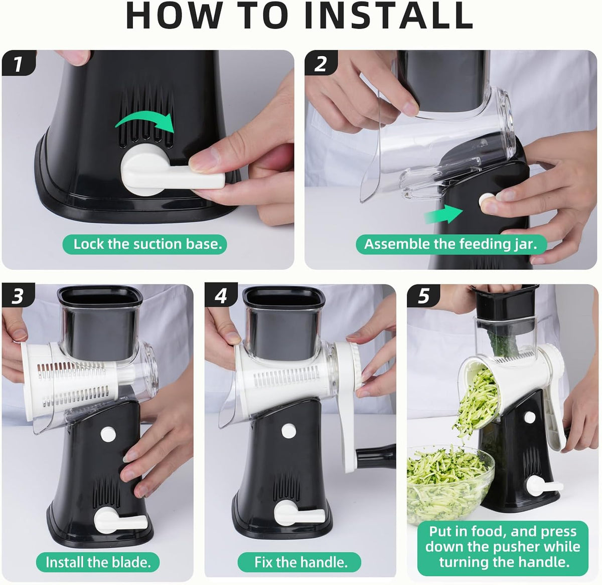 5 in 1 Rotary Cheese Grater Hand Crank with Reinforced Suction | Multifunctional Cheese Shredder, Coarse/Fine Shredding, Slicing & Chopping, Perfect for Veggies & Nuts, Easy to Use, Black