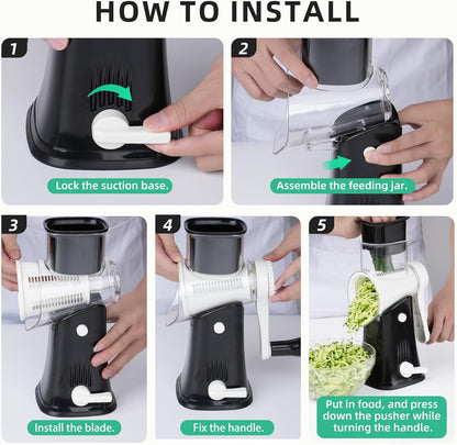 5 in 1 Rotary Cheese Grater Hand Crank with Reinforced Suction | Multifunctional Cheese Shredder, Coarse/Fine Shredding, Slicing & Chopping, Perfect for Veggies & Nuts, Easy to Use, Black