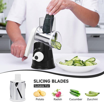 5 in 1 Rotary Cheese Grater Hand Crank with Reinforced Suction | Multifunctional Cheese Shredder, Coarse/Fine Shredding, Slicing & Chopping, Perfect for Veggies & Nuts, Easy to Use, Black