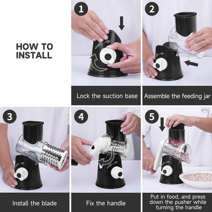 5 in 1 Rotary Cheese Grater Hand Crank with Reinforced Suction | Multifunctional Cheese Shredder, Coarse/Fine Shredding, Slicing & Chopping, Perfect for Veggies & Nuts, Easy to Use, Black