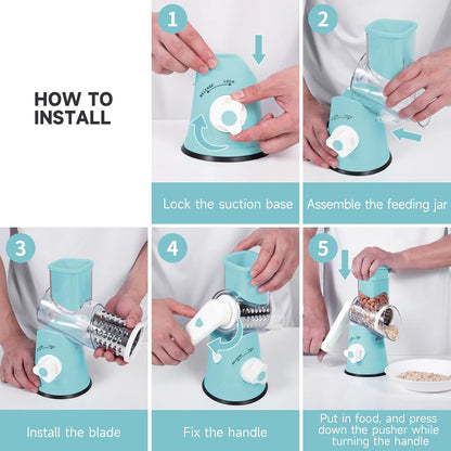 5 in 1 Rotary Cheese Grater Hand Crank with Reinforced Suction | Multifunctional Cheese Shredder, Coarse/Fine Shredding, Slicing & Chopping, Perfect for Veggies & Nuts, Easy to Use, Black