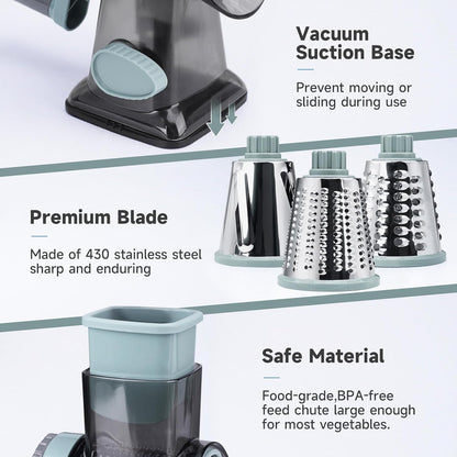 5 in 1 Rotary Cheese Grater Hand Crank with Reinforced Suction | Multifunctional Cheese Shredder, Coarse/Fine Shredding, Slicing & Chopping, Perfect for Veggies & Nuts, Easy to Use, Black