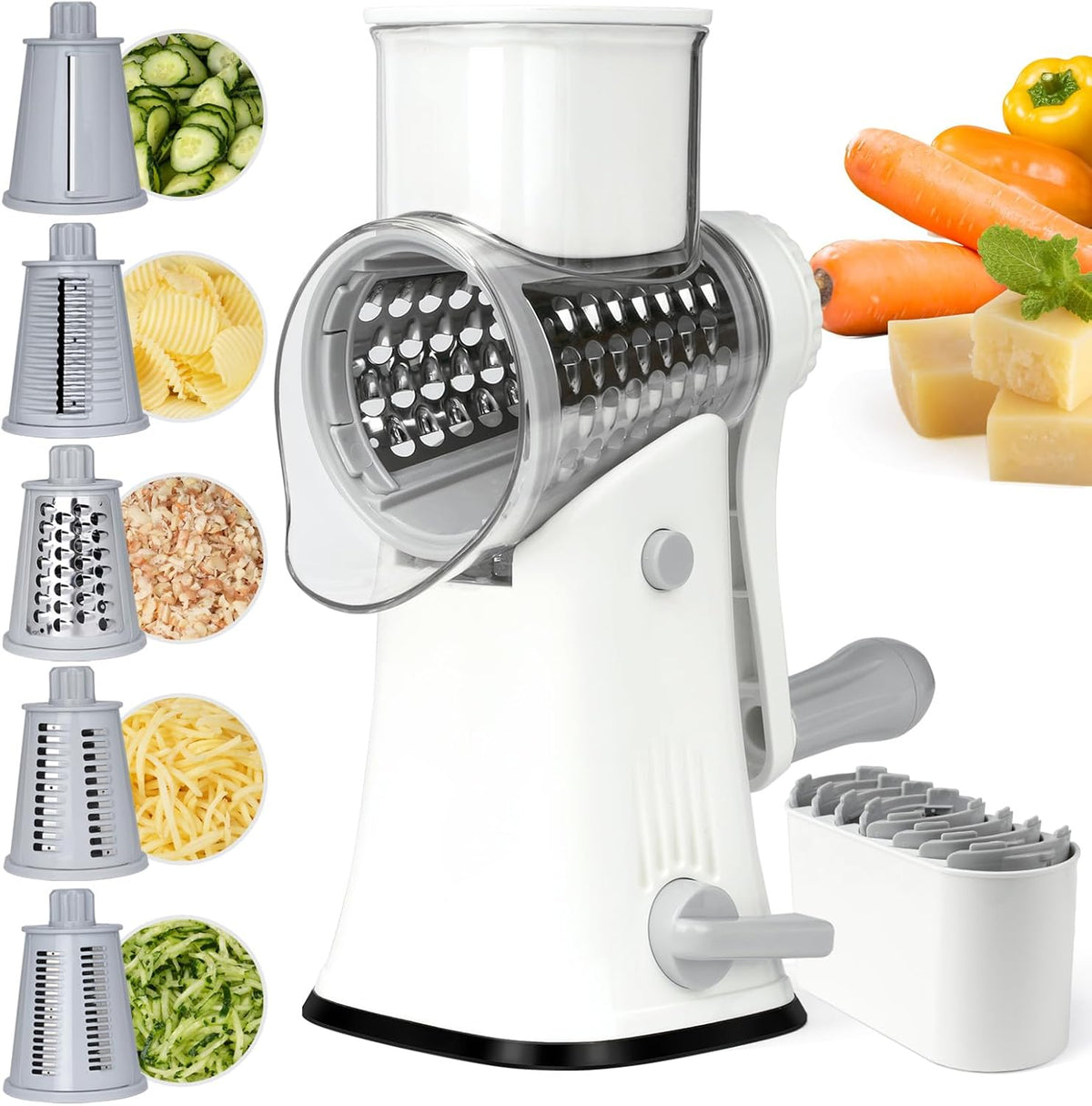 5 in 1 Rotary Cheese Grater Hand Crank with Reinforced Suction | Multifunctional Cheese Shredder, Coarse/Fine Shredding, Slicing & Chopping, Perfect for Veggies & Nuts, Easy to Use, Black