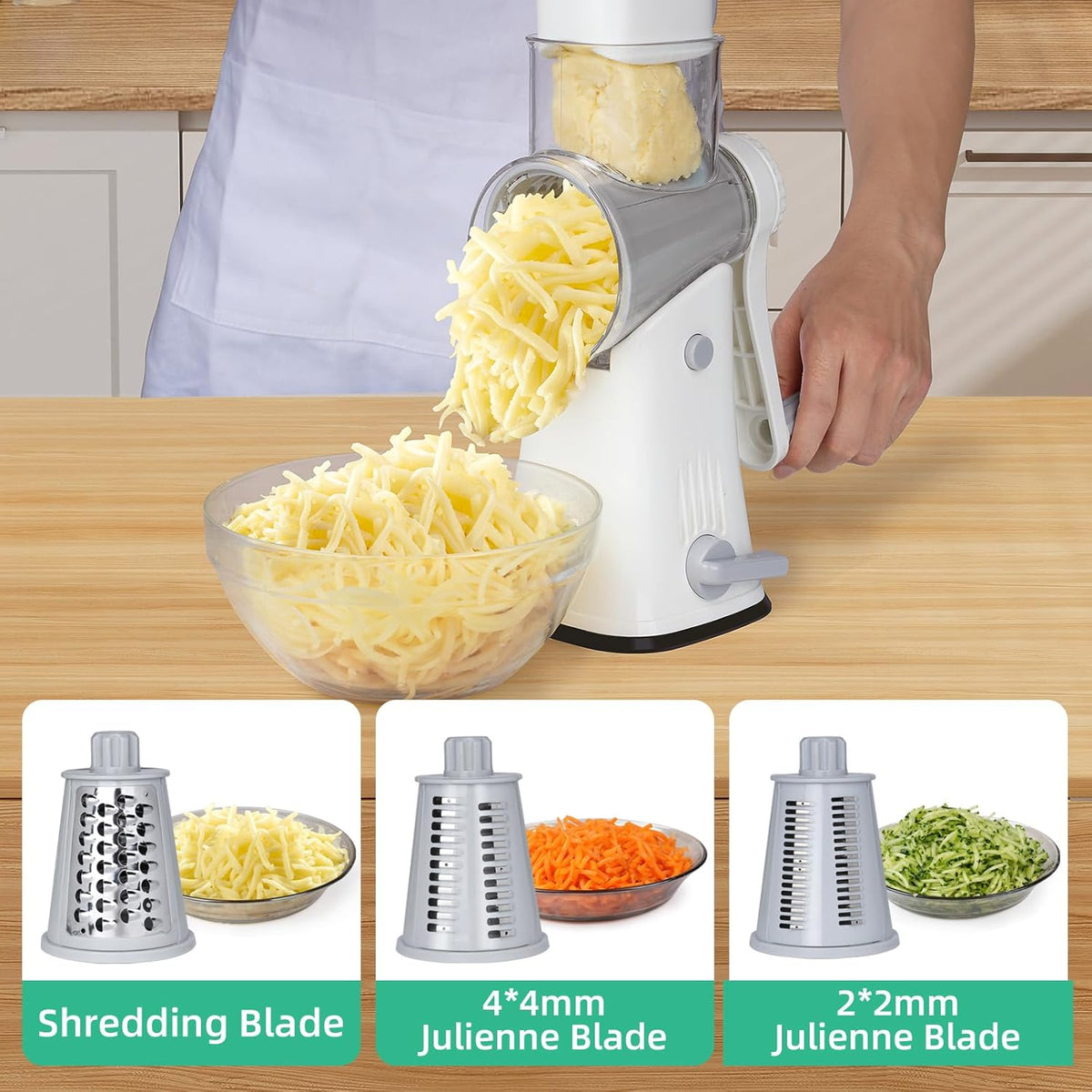 5 in 1 Rotary Cheese Grater Hand Crank with Reinforced Suction | Multifunctional Cheese Shredder, Coarse/Fine Shredding, Slicing & Chopping, Perfect for Veggies & Nuts, Easy to Use, Black