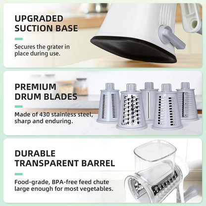 5 in 1 Rotary Cheese Grater Hand Crank with Reinforced Suction | Multifunctional Cheese Shredder, Coarse/Fine Shredding, Slicing & Chopping, Perfect for Veggies & Nuts, Easy to Use, Black