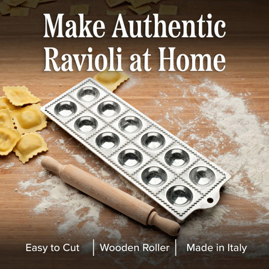 Ravioli Mold - Pasta Cutter Makes 12 Round 2” Raviolis - Easy to Use Stuffed Pasta Maker with Wood Roller and Non-Slip Rubber Feet - Made in Italy Kitchen Tools