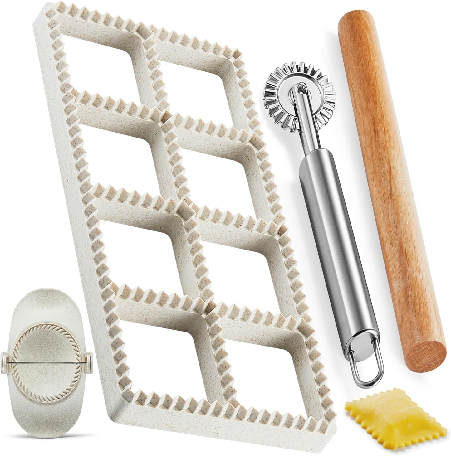 Ravioli Maker Press, Ravioli Cutter, 8-Cavity Square Mold, Empanada Press | 8-cavity 1.85-inch square ravioli mold makes 8 at once; includes 2.6-inch empanada press, cutter wheel, rolling pin and brush