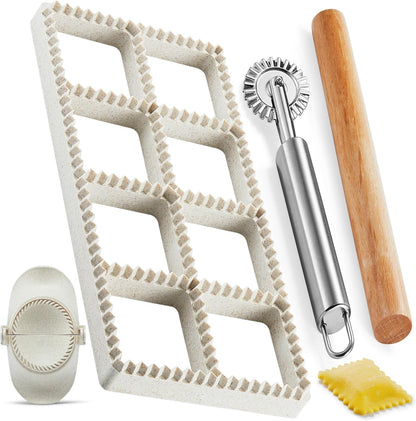 Ravioli Maker Press, Ravioli Cutter, 8-Cavity Square Mold, Empanada Press | 8-cavity 1.85-inch square ravioli mold makes 8 at once; includes 2.6-inch empanada press, cutter wheel, rolling pin and brush
