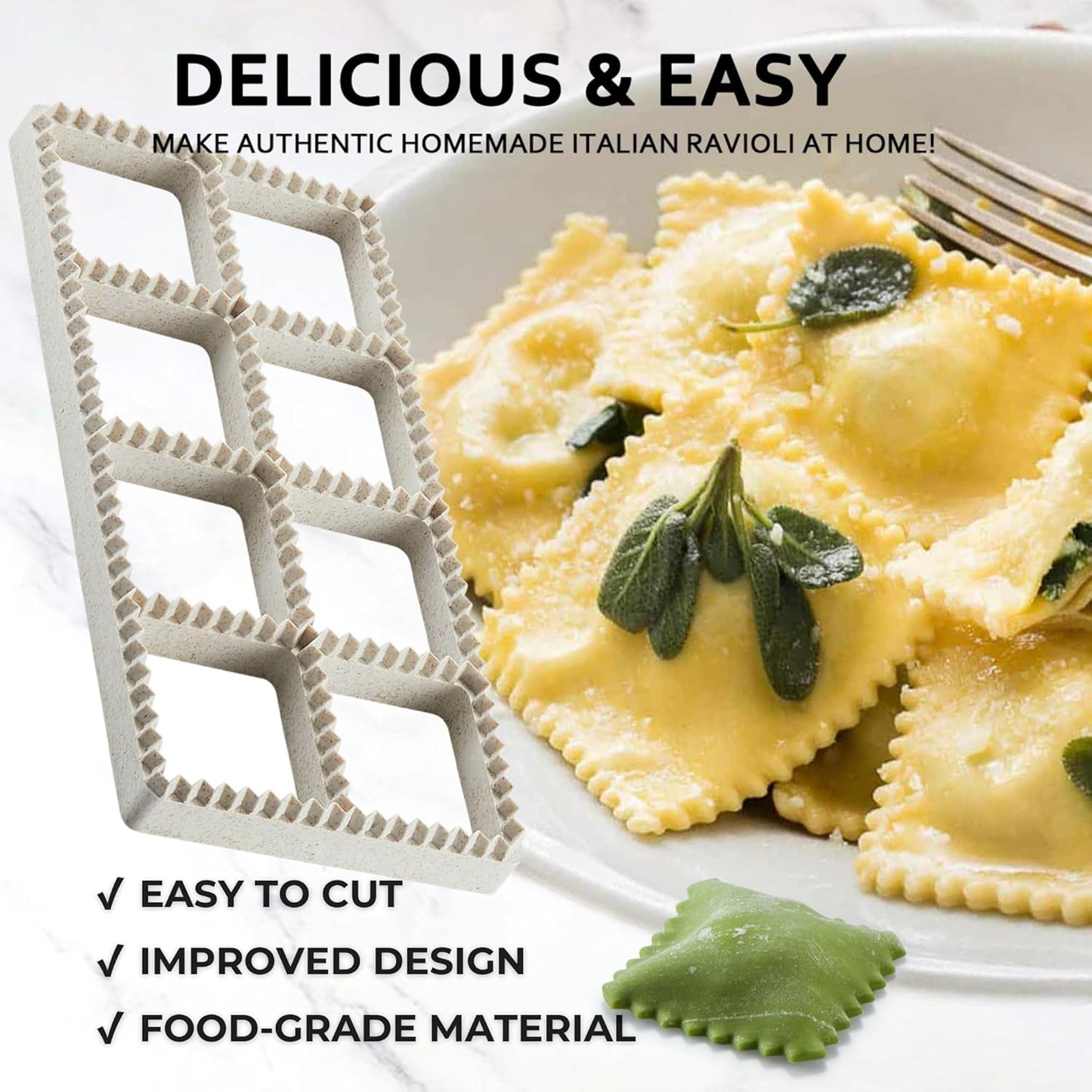 Ravioli Maker Press, Ravioli Cutter, 8-Cavity Square Mold, Empanada Press | 8-cavity 1.85-inch square ravioli mold makes 8 at once; includes 2.6-inch empanada press, cutter wheel, rolling pin and brush