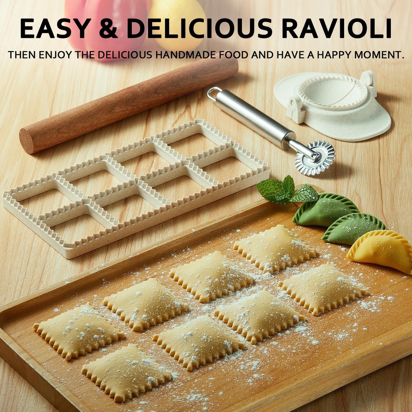 Ravioli Maker Press, Ravioli Cutter, 8-Cavity Square Mold, Empanada Press | 8-cavity 1.85-inch square ravioli mold makes 8 at once; includes 2.6-inch empanada press, cutter wheel, rolling pin and brush