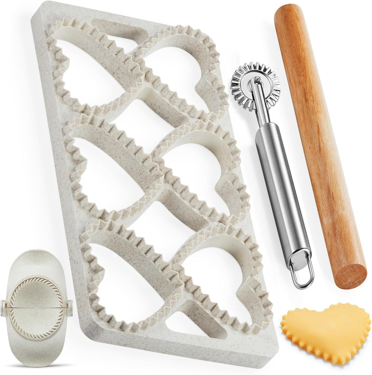 Ravioli Maker Press, Ravioli Cutter, 8-Cavity Square Mold, Empanada Press | 8-cavity 1.85-inch square ravioli mold makes 8 at once; includes 2.6-inch empanada press, cutter wheel, rolling pin and brush