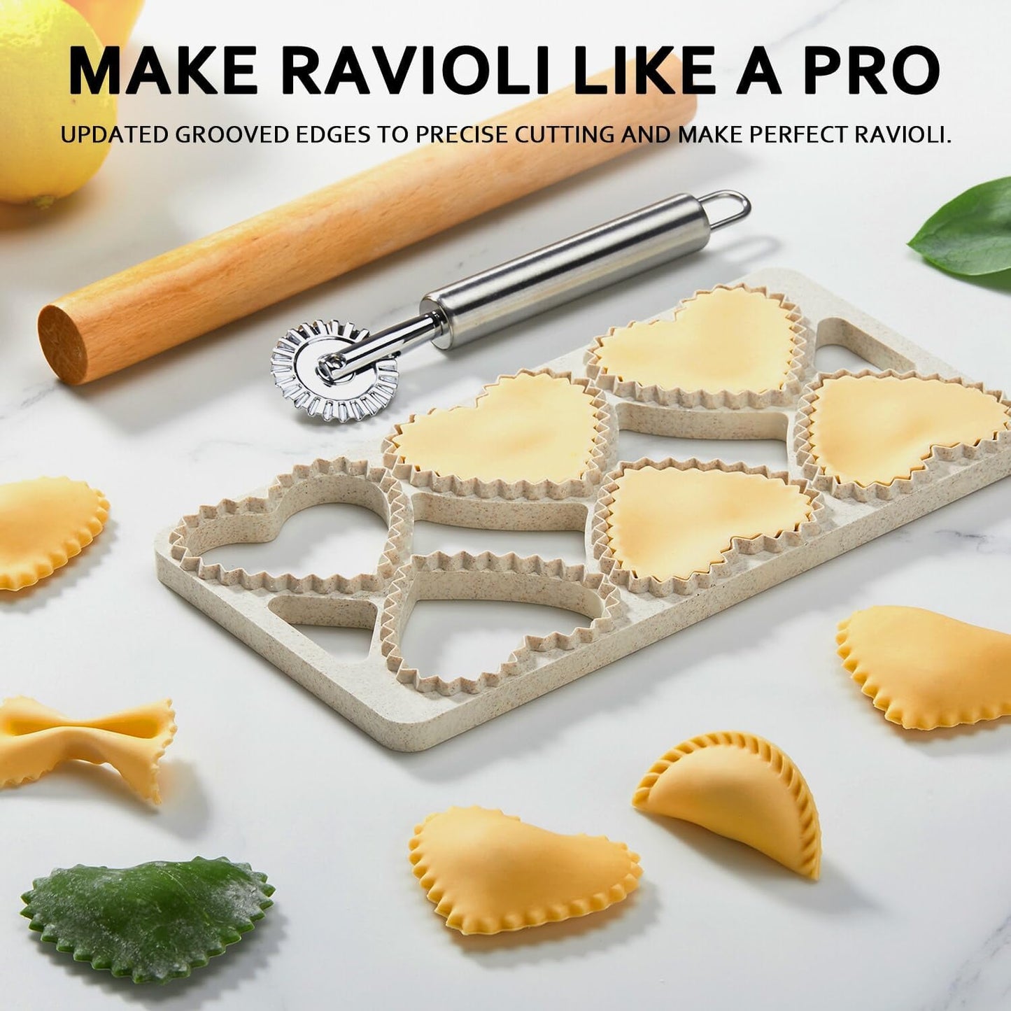 Ravioli Maker Press, Ravioli Cutter, 8-Cavity Square Mold, Empanada Press | 8-cavity 1.85-inch square ravioli mold makes 8 at once; includes 2.6-inch empanada press, cutter wheel, rolling pin and brush