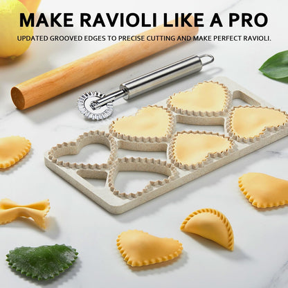 Ravioli Maker Press, Ravioli Cutter, 8-Cavity Square Mold, Empanada Press | 8-cavity 1.85-inch square ravioli mold makes 8 at once; includes 2.6-inch empanada press, cutter wheel, rolling pin and brush