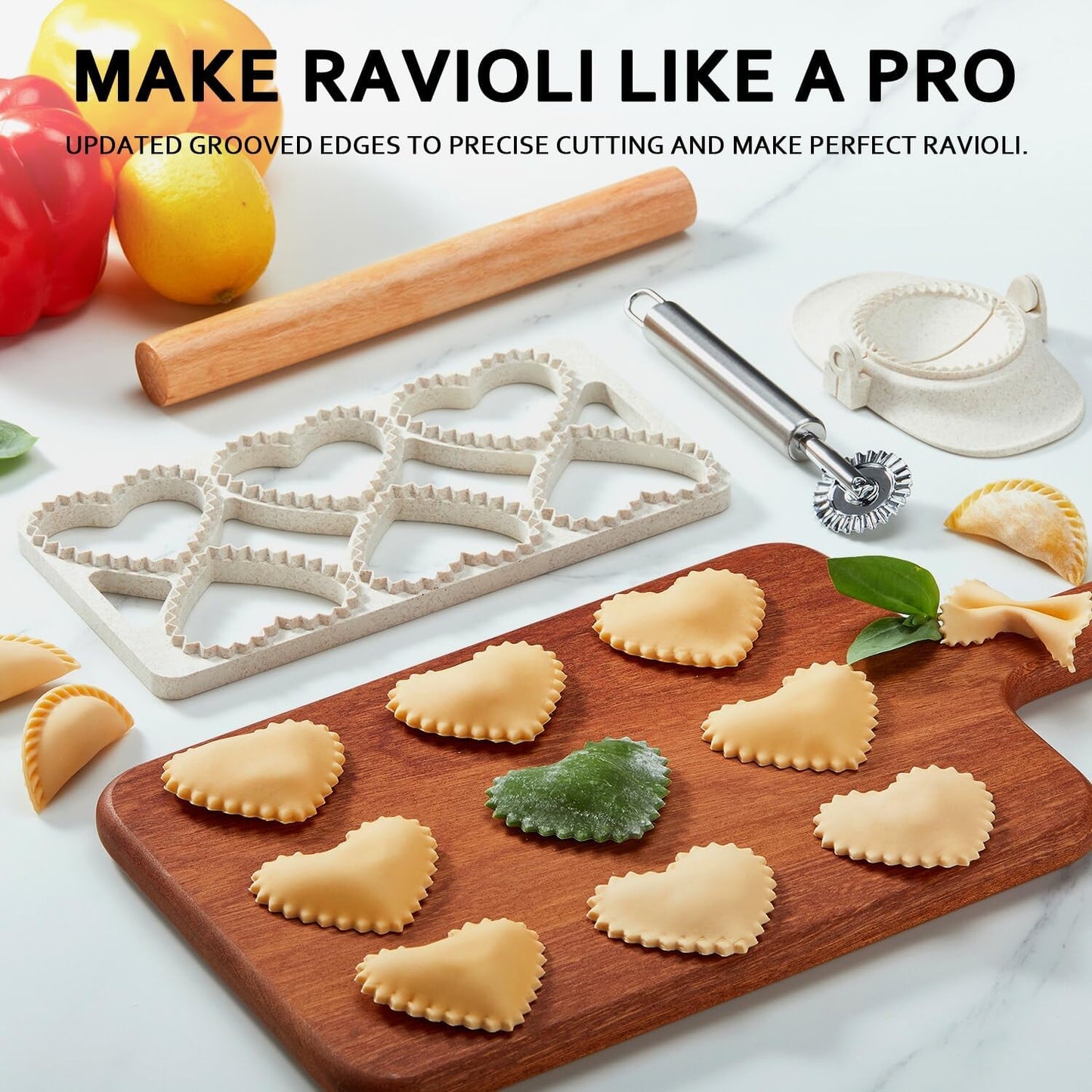 Ravioli Maker Press, Ravioli Cutter, 8-Cavity Square Mold, Empanada Press | 8-cavity 1.85-inch square ravioli mold makes 8 at once; includes 2.6-inch empanada press, cutter wheel, rolling pin and brush