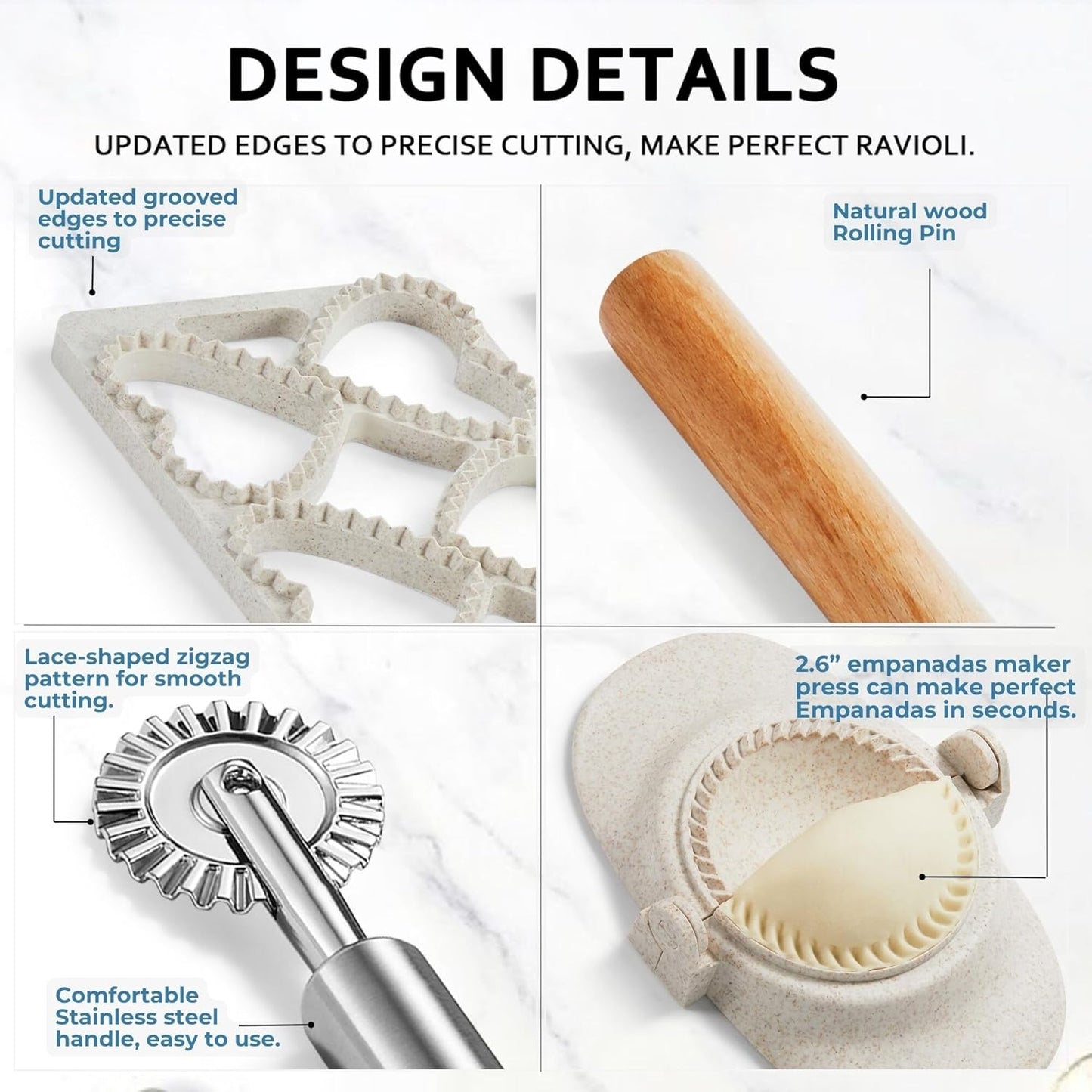Ravioli Maker Press, Ravioli Cutter, 8-Cavity Square Mold, Empanada Press | 8-cavity 1.85-inch square ravioli mold makes 8 at once; includes 2.6-inch empanada press, cutter wheel, rolling pin and brush