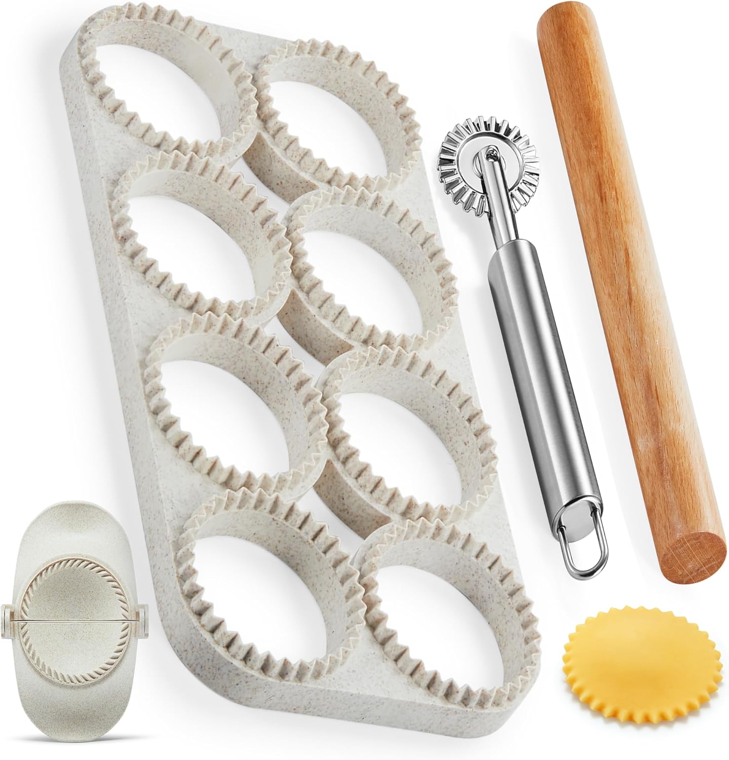 Ravioli Maker Press, Ravioli Cutter, 8-Cavity Square Mold, Empanada Press | 8-cavity 1.85-inch square ravioli mold makes 8 at once; includes 2.6-inch empanada press, cutter wheel, rolling pin and brush