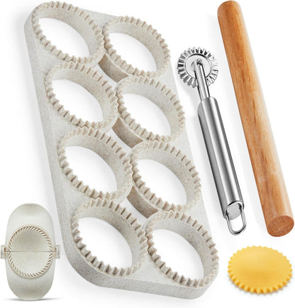 Ravioli Maker Press, Ravioli Cutter, 8-Cavity Square Mold, Empanada Press | 8-cavity 1.85-inch square ravioli mold makes 8 at once; includes 2.6-inch empanada press, cutter wheel, rolling pin and brush