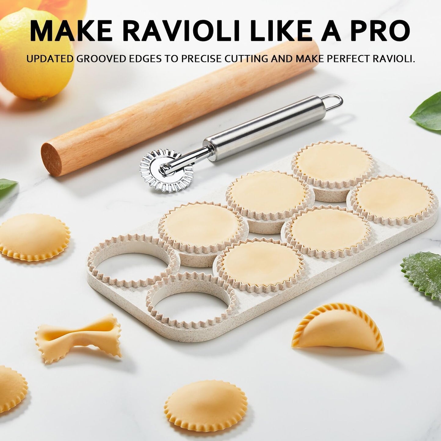 Ravioli Maker Press, Ravioli Cutter, 8-Cavity Square Mold, Empanada Press | 8-cavity 1.85-inch square ravioli mold makes 8 at once; includes 2.6-inch empanada press, cutter wheel, rolling pin and brush