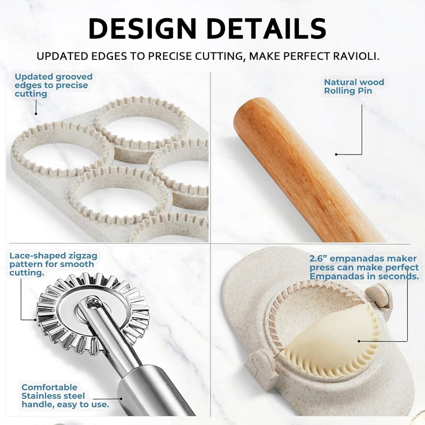 Ravioli Maker Press, Ravioli Cutter, 8-Cavity Square Mold, Empanada Press | 8-cavity 1.85-inch square ravioli mold makes 8 at once; includes 2.6-inch empanada press, cutter wheel, rolling pin and brush