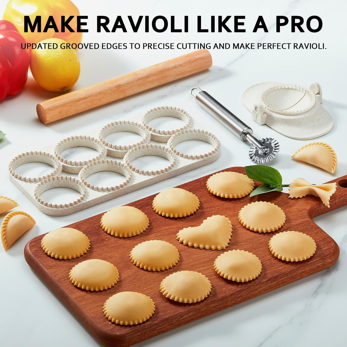 Ravioli Maker Press, Ravioli Cutter, 8-Cavity Square Mold, Empanada Press | 8-cavity 1.85-inch square ravioli mold makes 8 at once; includes 2.6-inch empanada press, cutter wheel, rolling pin and brush
