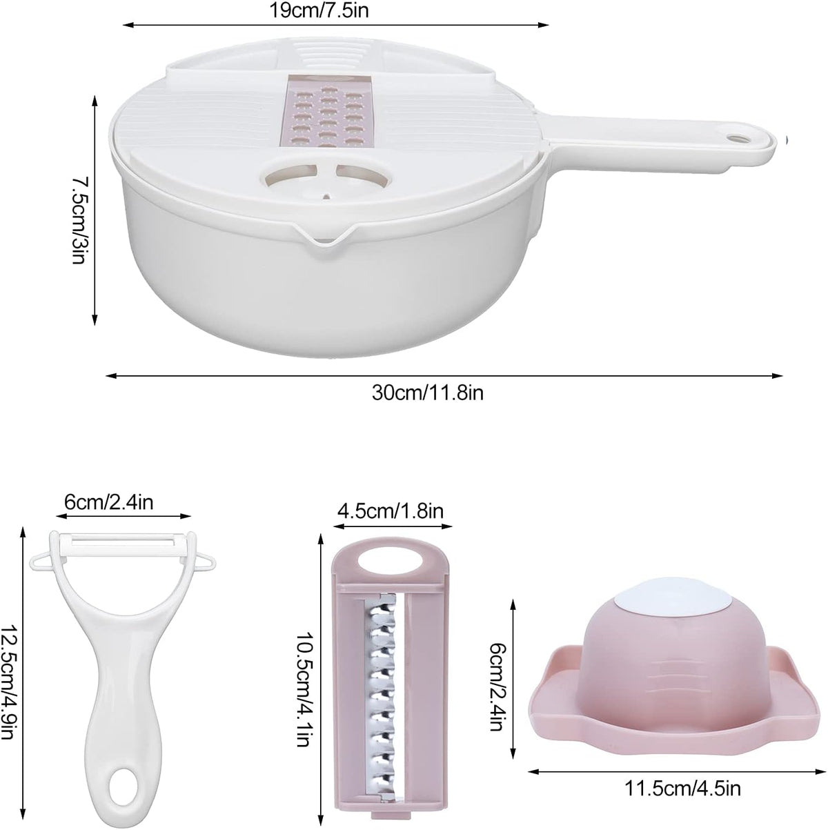 Multi Vegetable Cutter, 12 in 1 Manual Food Chopper with Hand Guard, Stainless Steel Blades, White, Kitchen Slicing Tool