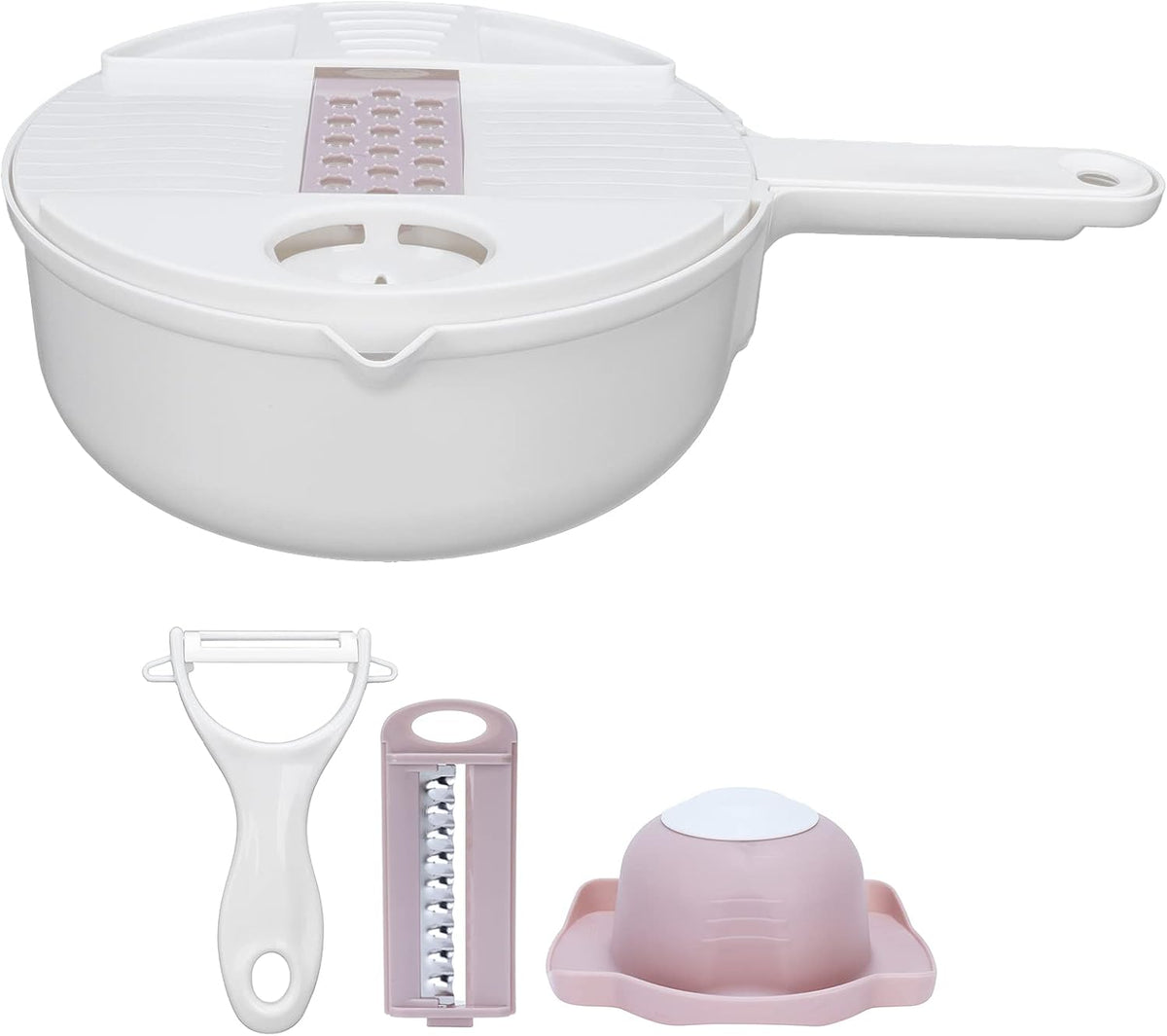 Multi Vegetable Cutter, 12 in 1 Manual Food Chopper with Hand Guard, Stainless Steel Blades, White, Kitchen Slicing Tool