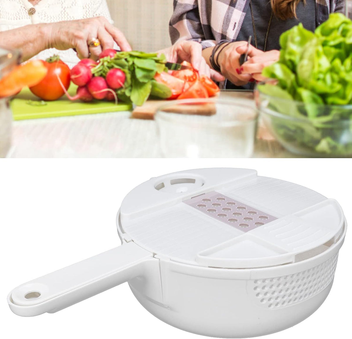 Multi Vegetable Cutter, 12 in 1 Manual Food Chopper with Hand Guard, Stainless Steel Blades, White, Kitchen Slicing Tool