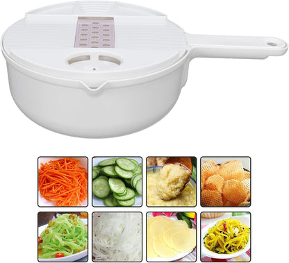 Multi Vegetable Cutter, 12 in 1 Manual Food Chopper with Hand Guard, Stainless Steel Blades, White, Kitchen Slicing Tool