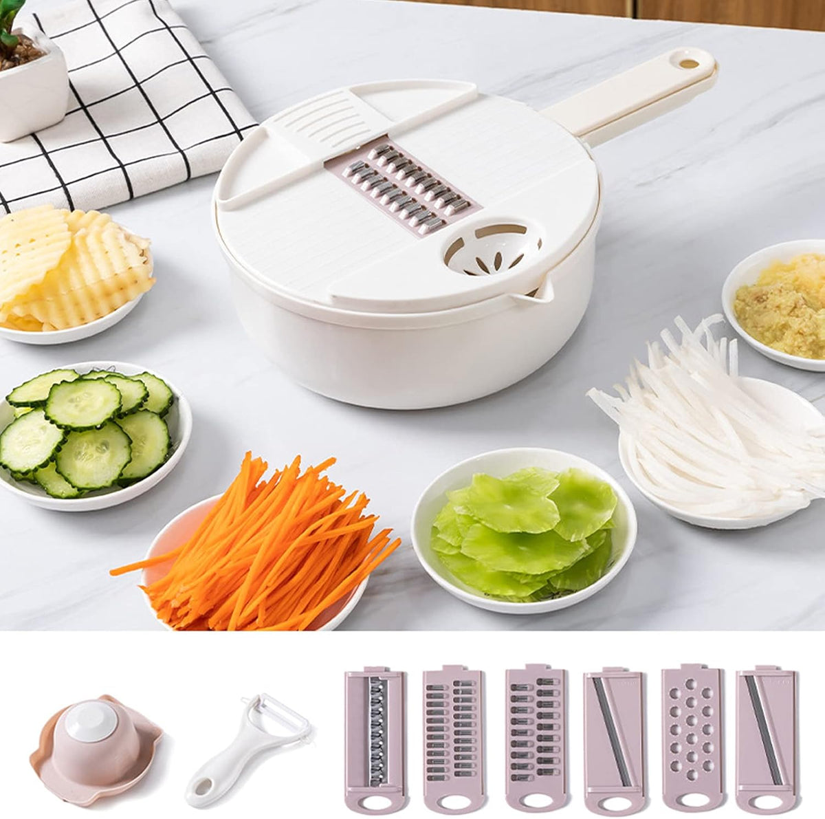 Multi Vegetable Cutter, 12 in 1 Manual Food Chopper with Hand Guard, Stainless Steel Blades, White, Kitchen Slicing Tool