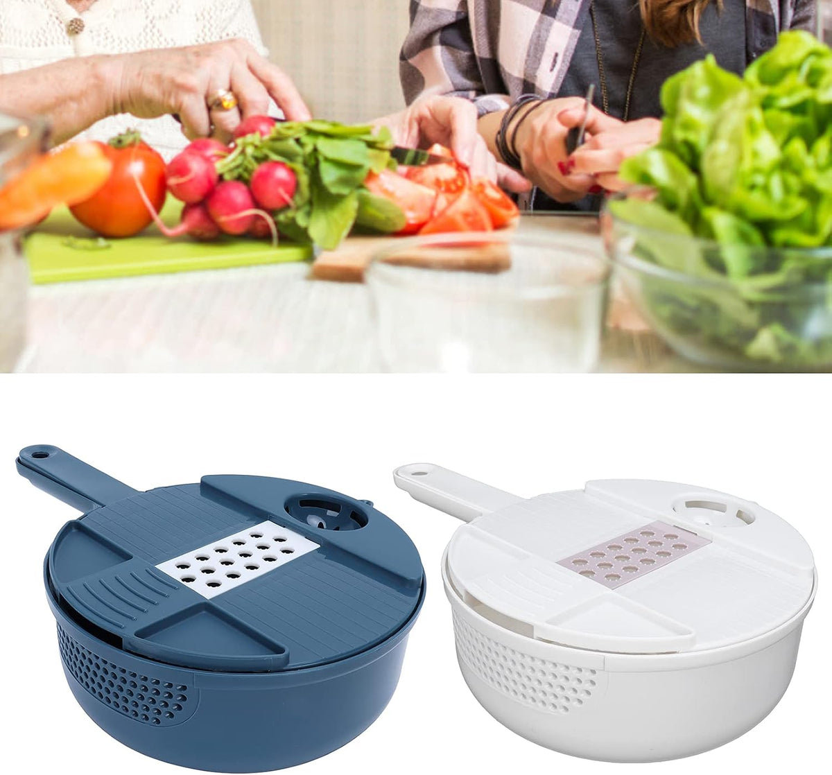 Multi Vegetable Cutter, 12 in 1 Manual Food Chopper with Hand Guard, Stainless Steel Blades, White, Kitchen Slicing Tool