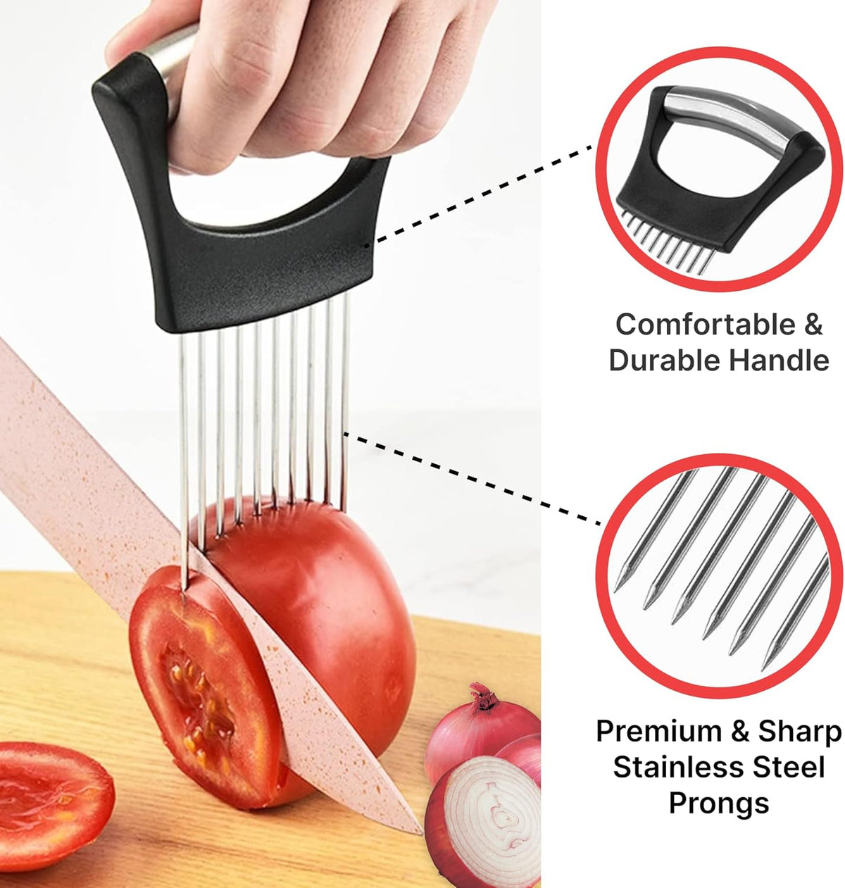 Onion Holder For Slicing, Stainless Steel Onion Cutter, Vegtable And Fruit Slicer, Onion Slicing Tool Of Potato, Egg, Avocado, Meat, Lemon And Other Kitchen Utensils