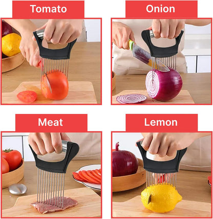 Onion Holder For Slicing, Stainless Steel Onion Cutter, Vegtable And Fruit Slicer, Onion Slicing Tool Of Potato, Egg, Avocado, Meat, Lemon And Other Kitchen Utensils