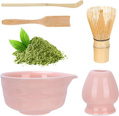 Matcha Set, Japanese Matcha Whisk Set Includes Matcha Bowl with Spout, Matcha Whisk Holder, Bamboo Matcha Whisk and 2pcs Bamboo Scoop, 5 Pcs Matcha Kit for Matcha Lover (Pink)