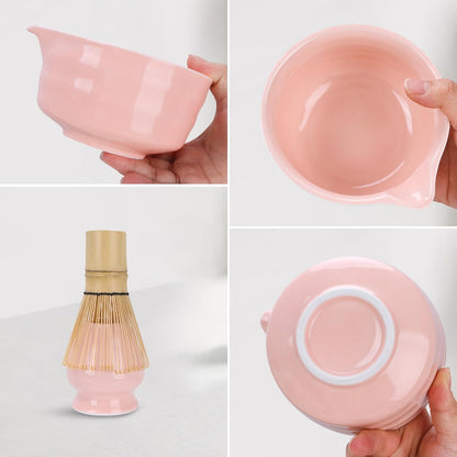 Matcha Set, Japanese Matcha Whisk Set Includes Matcha Bowl with Spout, Matcha Whisk Holder, Bamboo Matcha Whisk and 2pcs Bamboo Scoop, 5 Pcs Matcha Kit for Matcha Lover (Pink)