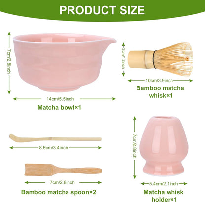 Matcha Set, Japanese Matcha Whisk Set Includes Matcha Bowl with Spout, Matcha Whisk Holder, Bamboo Matcha Whisk and 2pcs Bamboo Scoop, 5 Pcs Matcha Kit for Matcha Lover (Pink)