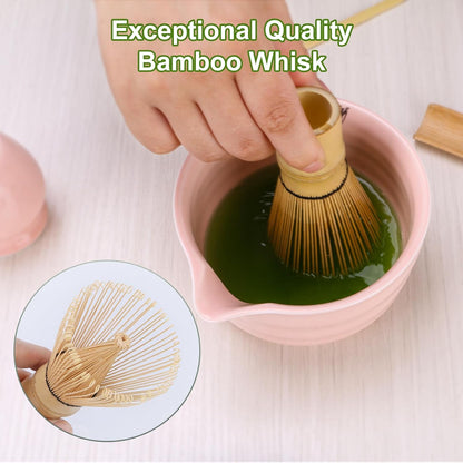 Matcha Set, Japanese Matcha Whisk Set Includes Matcha Bowl with Spout, Matcha Whisk Holder, Bamboo Matcha Whisk and 2pcs Bamboo Scoop, 5 Pcs Matcha Kit for Matcha Lover (Pink)