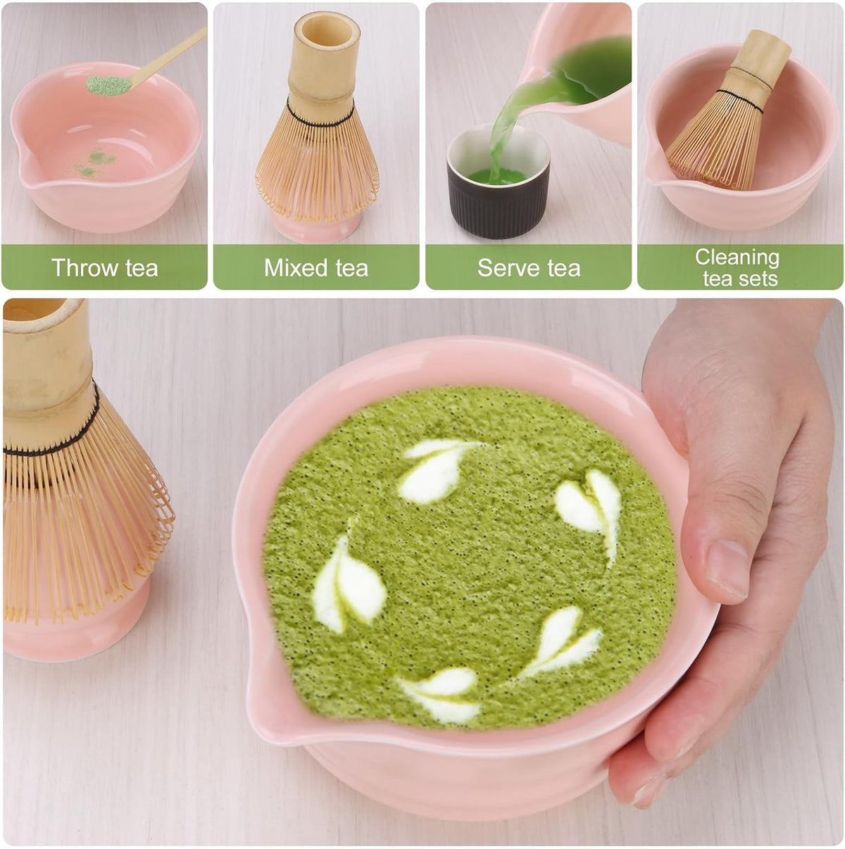 Matcha Set, Japanese Matcha Whisk Set Includes Matcha Bowl with Spout, Matcha Whisk Holder, Bamboo Matcha Whisk and 2pcs Bamboo Scoop, 5 Pcs Matcha Kit for Matcha Lover (Pink)