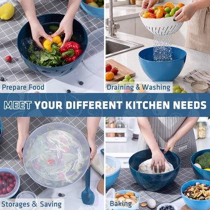 15 Piece Mixing Bowls with Lids Set, Super Large(6.87-0.21QT) Plastic Nesting Bowls 6 Prep Bowls 6 Lids 1 Colander 2-in-1 Spoon Microwave Dishwasher Safe for Preparing Mixing Serving Storing