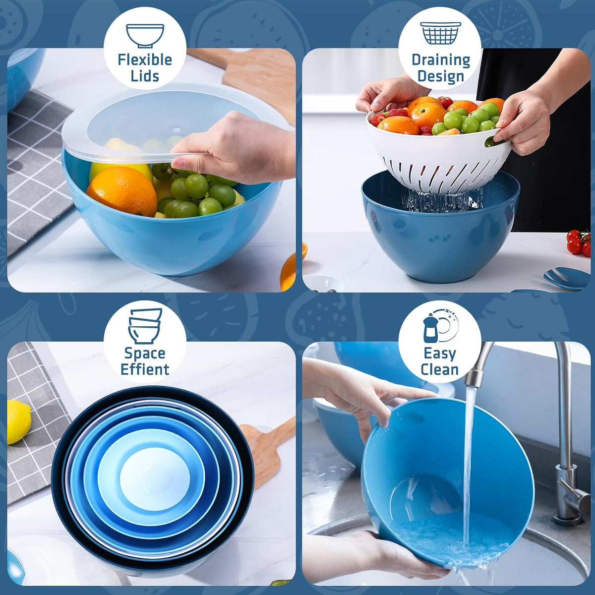 15 Piece Mixing Bowls with Lids Set, Super Large(6.87-0.21QT) Plastic Nesting Bowls 6 Prep Bowls 6 Lids 1 Colander 2-in-1 Spoon Microwave Dishwasher Safe for Preparing Mixing Serving Storing