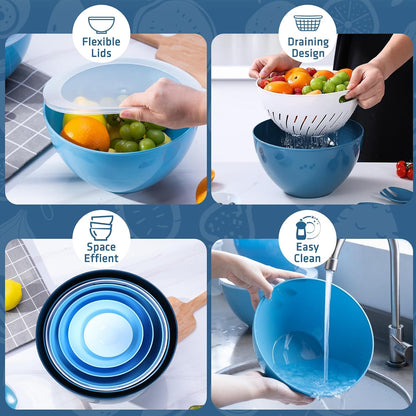 15 Piece Mixing Bowls with Lids Set, Super Large(6.87-0.21QT) Plastic Nesting Bowls 6 Prep Bowls 6 Lids 1 Colander 2-in-1 Spoon Microwave Dishwasher Safe for Preparing Mixing Serving Storing