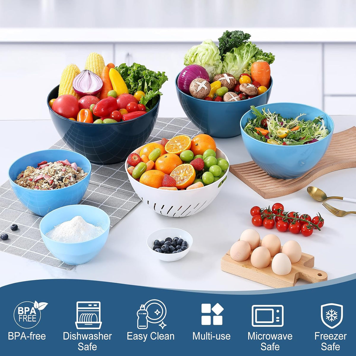 15 Piece Mixing Bowls with Lids Set, Super Large(6.87-0.21QT) Plastic Nesting Bowls 6 Prep Bowls 6 Lids 1 Colander 2-in-1 Spoon Microwave Dishwasher Safe for Preparing Mixing Serving Storing