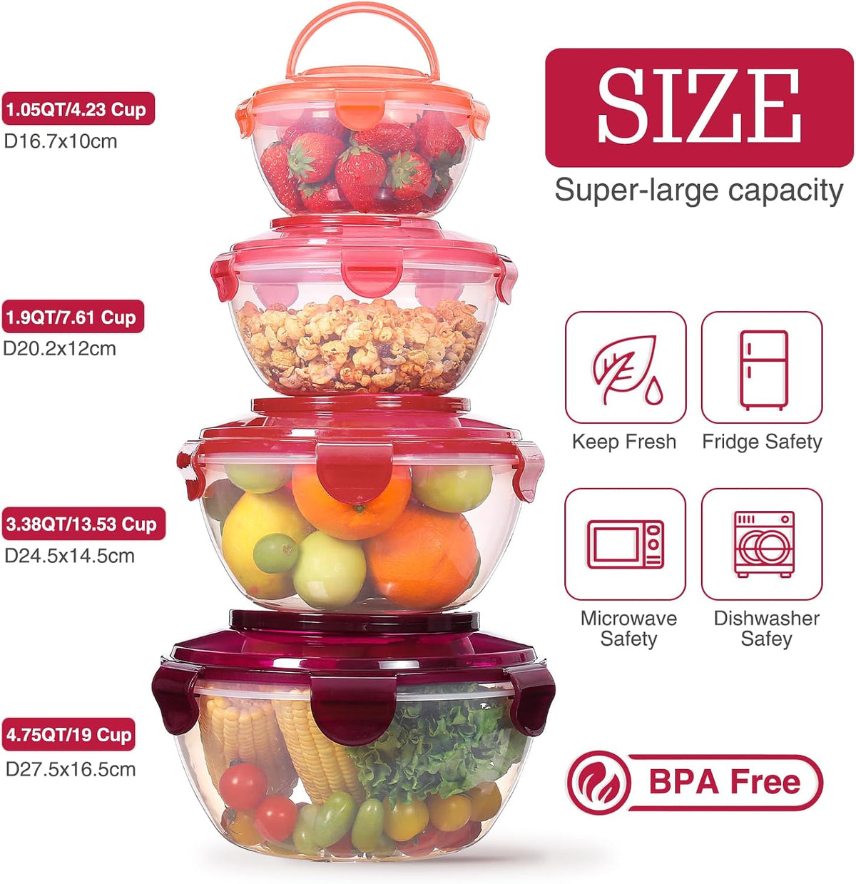 15 Piece Mixing Bowls with Lids Set, Super Large(6.87-0.21QT) Plastic Nesting Bowls 6 Prep Bowls 6 Lids 1 Colander 2-in-1 Spoon Microwave Dishwasher Safe for Preparing Mixing Serving Storing