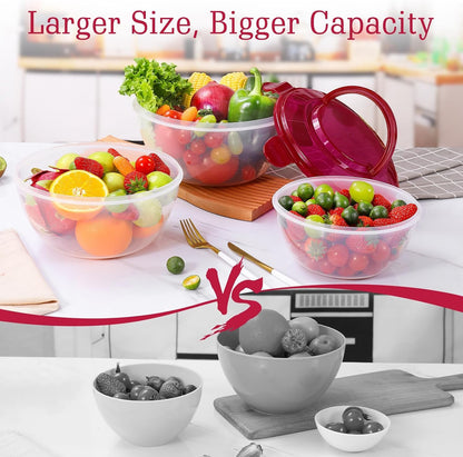 15 Piece Mixing Bowls with Lids Set, Super Large(6.87-0.21QT) Plastic Nesting Bowls 6 Prep Bowls 6 Lids 1 Colander 2-in-1 Spoon Microwave Dishwasher Safe for Preparing Mixing Serving Storing