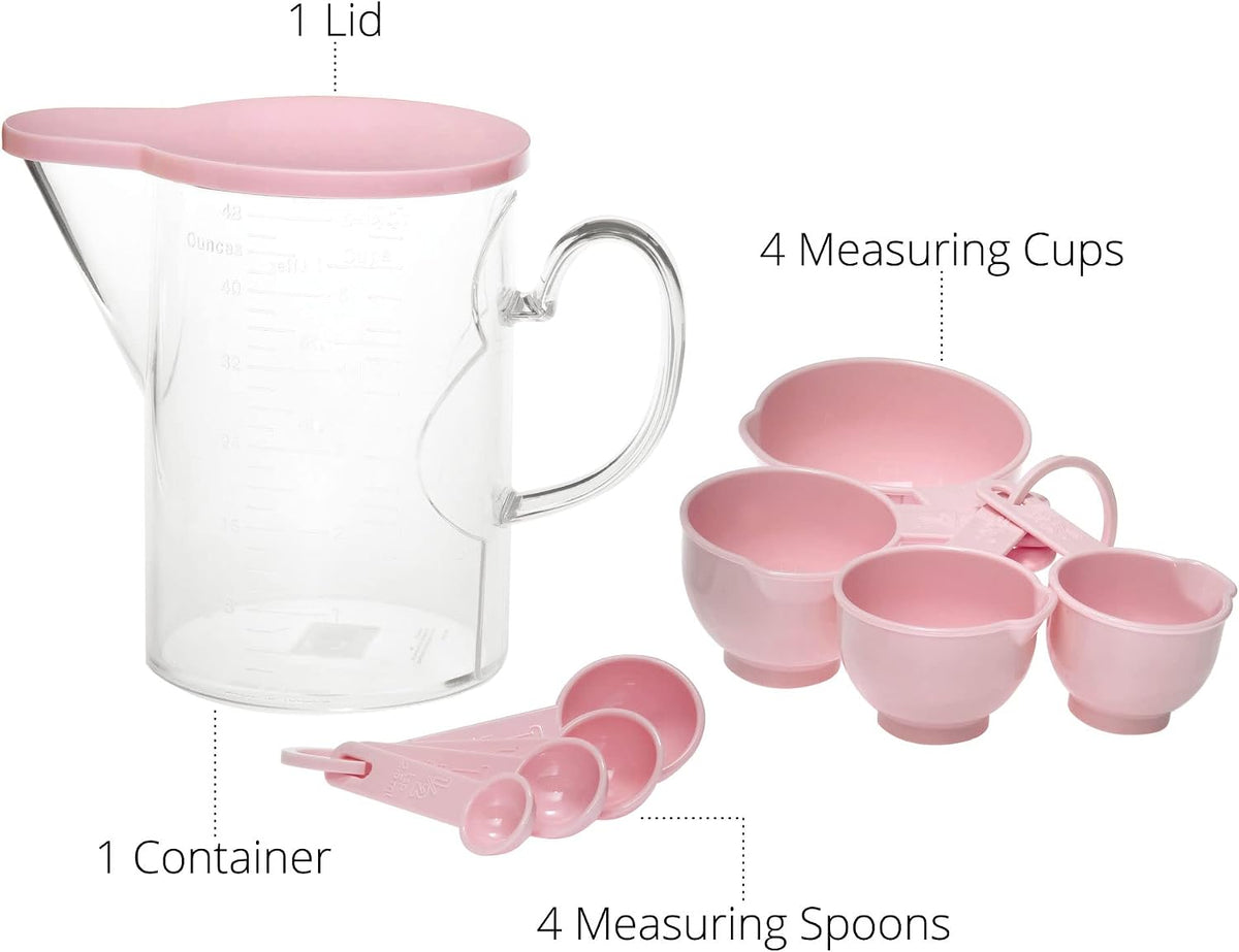 Measuring Cups and Measuring Spoons Set of 10 Pieces, Plastic Multi-Purpose Home Essentials Cooking, and Baking Tools BPA Free Dishwasher Safe for Liquid and Dry (Pink)