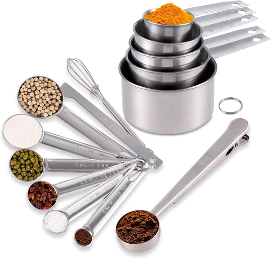 Unichild 14 Piece Stainless Steel Measuring Cups and Spoons Set | 5 Nesting Measuring Cups & 6 Measuring Spoons, 1 Coffee Scoop & 1 Leveler & 1 Mini Blender for Cooking Baking