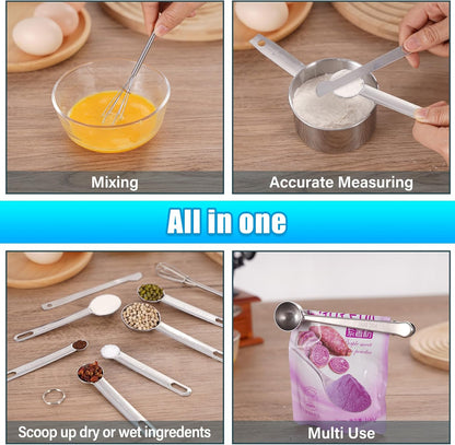 Unichild 14 Piece Stainless Steel Measuring Cups and Spoons Set | 5 Nesting Measuring Cups & 6 Measuring Spoons, 1 Coffee Scoop & 1 Leveler & 1 Mini Blender for Cooking Baking